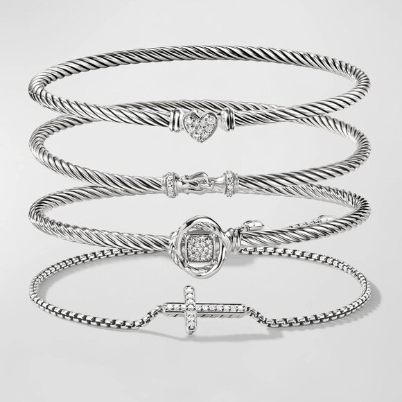 $550 David Yurman Sterling Silver 3mm Cable Buckle Bracelet with Paved Diamonds - Picture 2 of 8